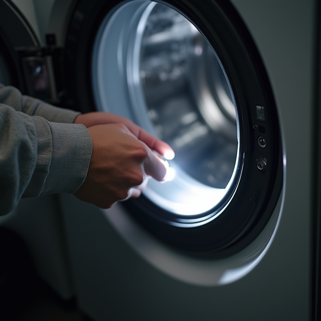 Close-up of a technician's hands inspecting the rubber door seal of a front-loading washing machine