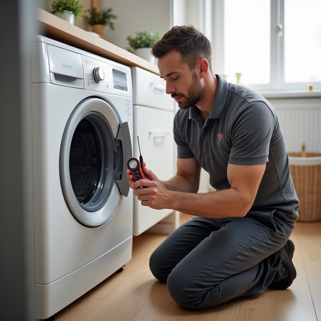 Technician kneeling beside an open washing machine drum, inspecting components during a home diagnostic visit