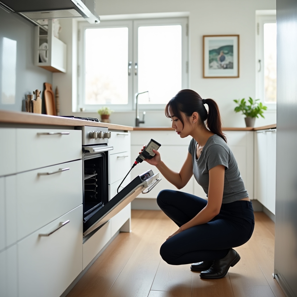 Wide shot of a technician repairing a built-in oven in a bright modern kitchen