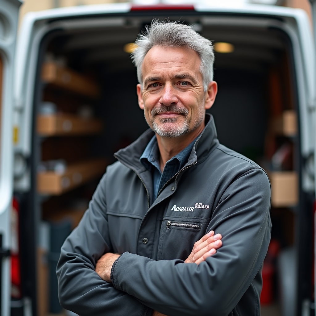 Portrait of a senior appliance technician standing beside a fully equipped service van, arms crossed, calm expression
